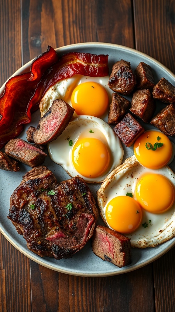 Carnivore Diet Meal Plan A hearty carnivore meal featuring ribeye steak, bacon, and fried eggs on a rustic table.